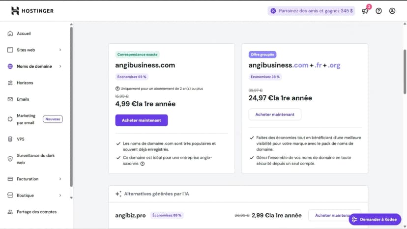 Achat d'un nom de domaine | Hostinger