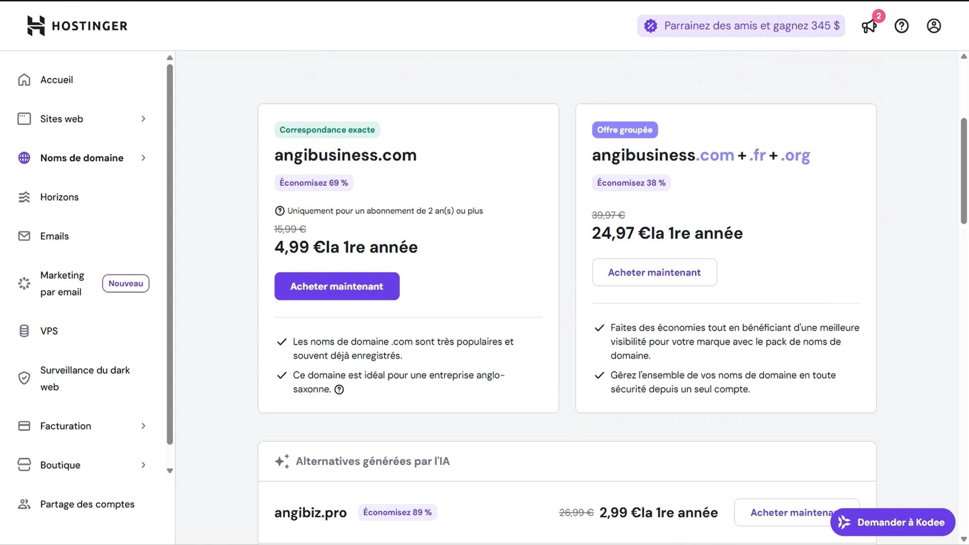Achat d'un nom de domaine | Hostinger