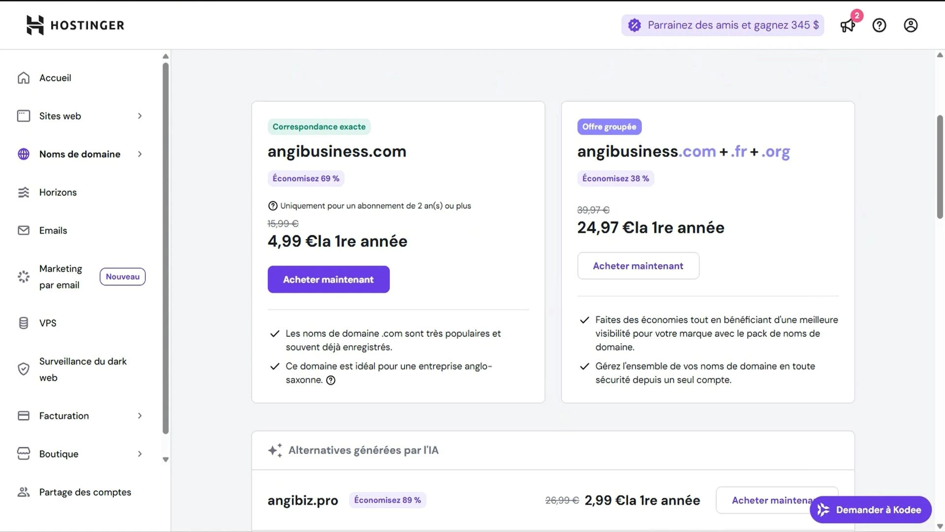 Achat d'un nom de domaine | Hostinger